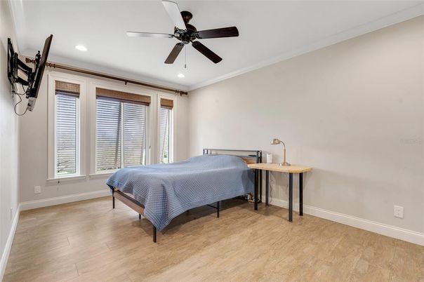 Bedroom, Interior, Recessed Lighting, Wood Texture Flooring