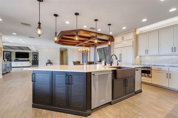 Interior, Kitchen, Pendant Lights, Recessed Lighting, Stainless Steel Appliances, Wooden Beams, Wooden Ceilings, Wood Texture Flooring