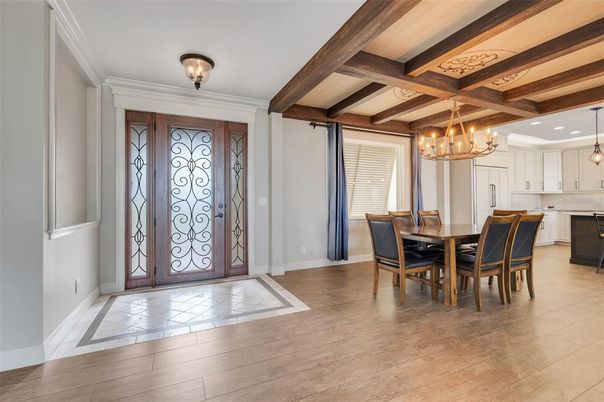 Chandelier, Dining room, Interior, Kitchen, Pendant Lights, Recessed Lighting, Wooden Beams, Wood Texture Flooring
