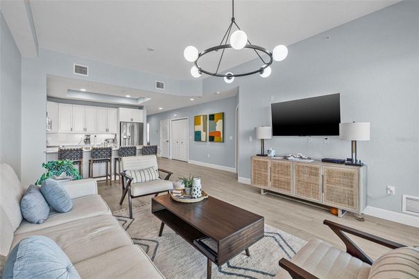 Interior, Kitchen, Living room, Pendant Lights, Recessed Lighting, Stainless Steel Appliances, Wood Texture Flooring