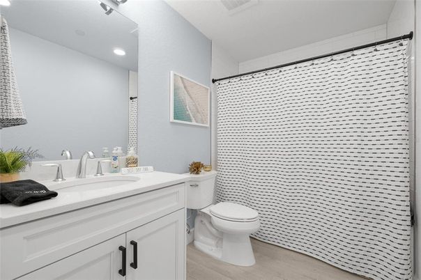 Bathroom, Interior, Recessed Lighting, Wood Texture Flooring