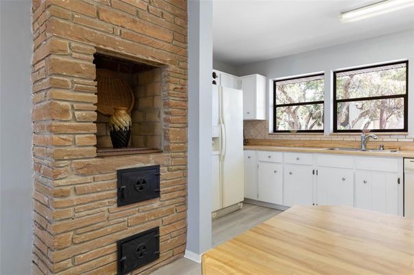 Fireplace, Interior, Kitchen, Stone Walls, Wood Texture Flooring