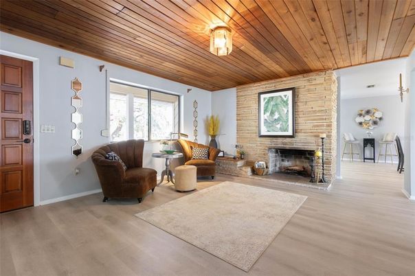 Fireplace, Interior, Living room, Stone Walls, Wooden Ceilings, Wood Texture Flooring