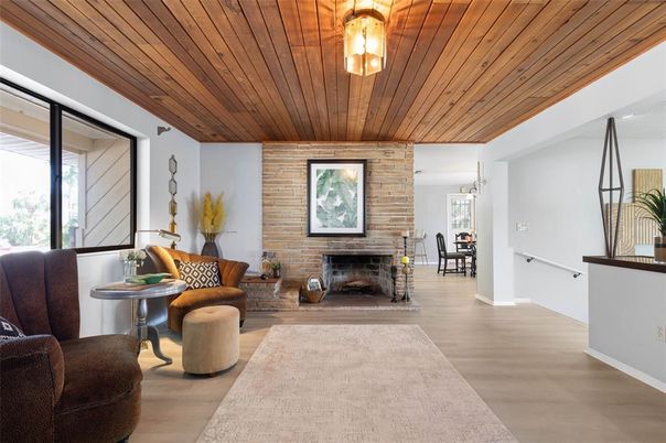 Dining room, Fireplace, Interior, Living room, Stone Walls, Wooden Ceilings, Wood Texture Flooring