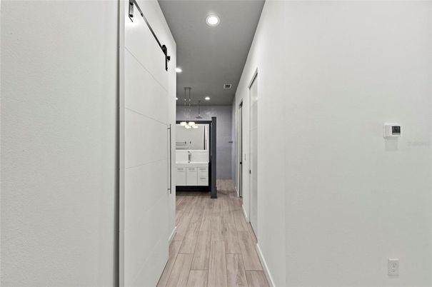 Bathroom, Interior, Pendant Lights, Recessed Lighting, Wood Texture Flooring