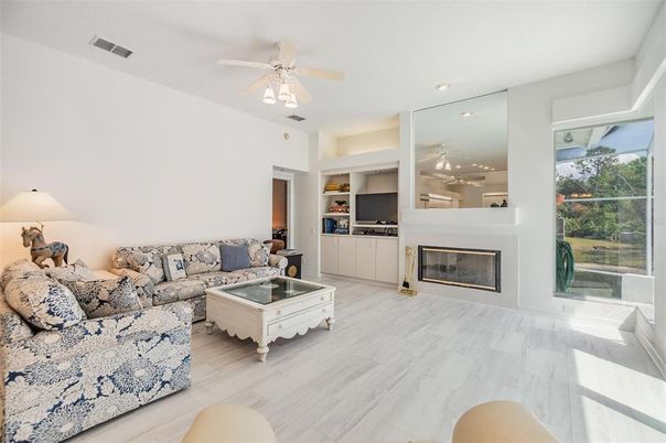 Fireplace, Interior, Living room, Recessed Lighting, Wood Texture Flooring