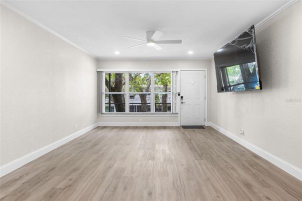 Empty room, Interior, Recessed Lighting, Wood Texture Flooring