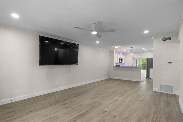 Empty room, Interior, Kitchen, Pendant Lights, Recessed Lighting, Wood Texture Flooring