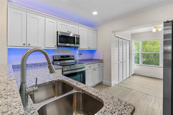 Interior, Kitchen, Recessed Lighting, Stainless Steel Appliances, Wood Texture Flooring