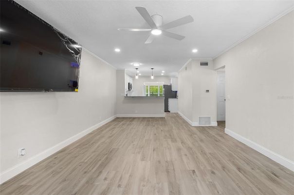 Empty room, Interior, Pendant Lights, Recessed Lighting, Wood Texture Flooring
