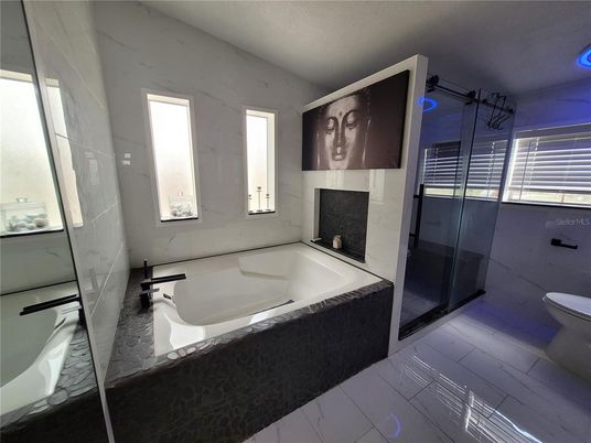 Bathroom, Fireplace, Glass Shower, Interior, Marble Walls