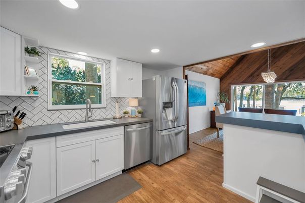 Interior, Kitchen, Pendant Lights, Recessed Lighting, Stainless Steel Appliances, Wooden Ceilings, Wood Texture Flooring