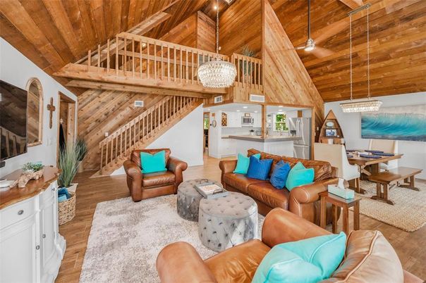 Chandelier, Dining room, Interior, Kitchen, Living room, Pendant Lights, Wooden Beams, Wooden Ceilings, Wood Texture Flooring, Wooden Walls