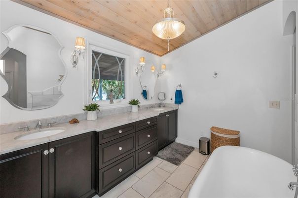 Bathroom, Dual Sink Vanities, Free Standing Baths, Interior, Pendant Lights, Wooden Ceilings