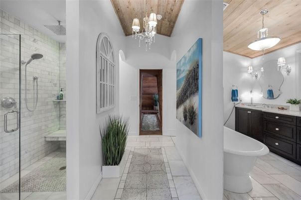 Bathroom, Glass Shower, Interior, Pendant Lights, Wooden Beams, Wooden Ceilings