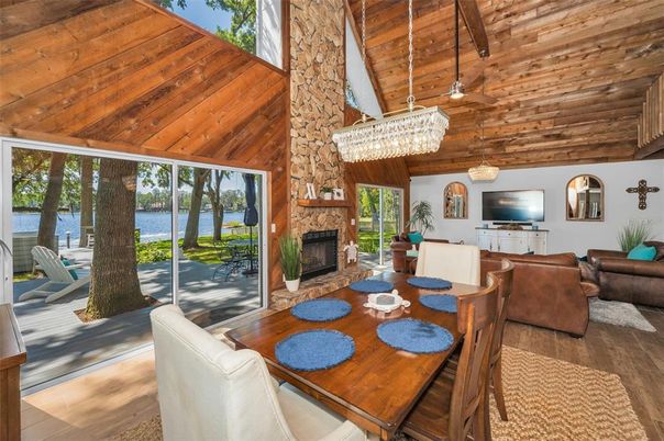 Chandelier, Dining room, Fireplace, Interior, Living room, Wooden Beams, Wooden Ceilings, Wood Texture Flooring, Wooden Walls