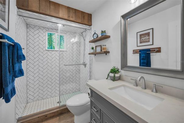 Bathroom, Glass Shower, Interior, Wood Texture Flooring