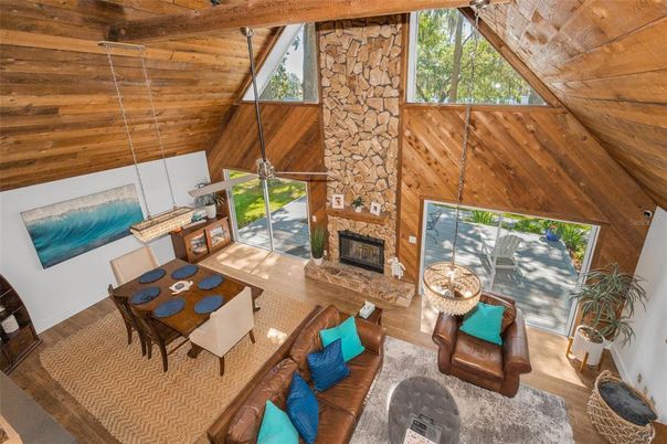 Fireplace, Interior, Living room, Pendant Lights, Wooden Beams, Wooden Ceilings, Wood Texture Flooring, Wooden Walls