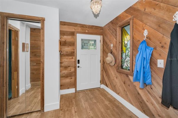 Chandelier, Interior, Wood Texture Flooring, Wooden Walls