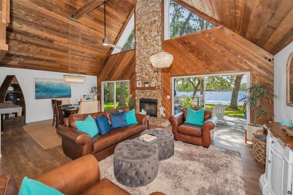 Dining room, Fireplace, Interior, Living room, Pendant Lights, Stone Walls, Wooden Beams, Wooden Ceilings, Wood Texture Flooring, Wooden Walls