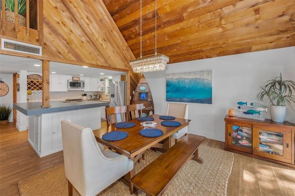 Chandelier, Dining room, Interior, Kitchen, Recessed Lighting, Wooden Ceilings, Wood Texture Flooring