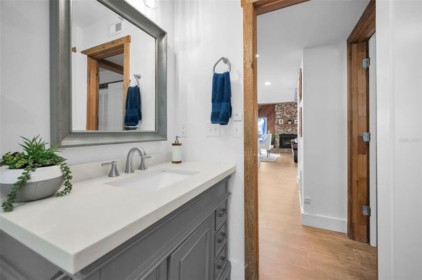 Bathroom, Fireplace, Interior, Recessed Lighting, Wood Texture Flooring