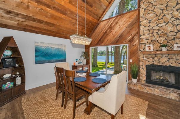 Chandelier, Dining room, Fireplace, Interior, Stone Walls, Wooden Ceilings, Wood Texture Flooring, Wooden Walls
