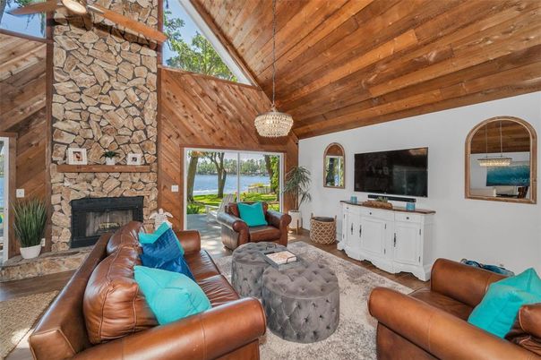 Fireplace, Interior, Living room, Pendant Lights, Stone Walls, Water, Wooden Ceilings, Wooden Walls