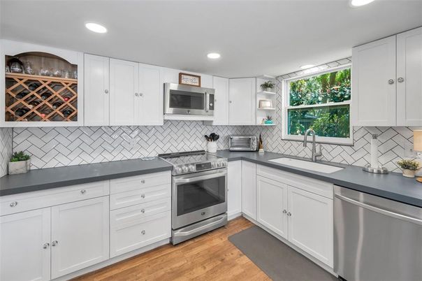 Interior, Kitchen, Recessed Lighting, Stainless Steel Appliances, Wood Texture Flooring