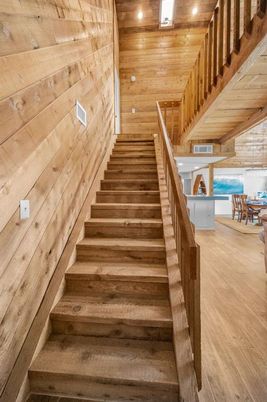 Dining room, Interior, Recessed Lighting, Wooden Beams, Wooden Ceilings, Wood Texture Flooring, Wooden Walls