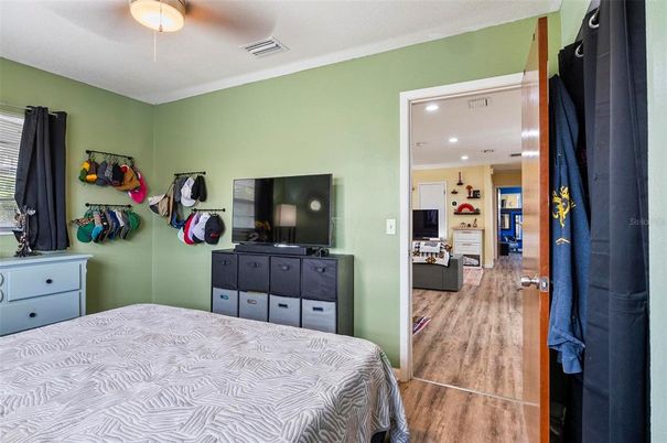 Bedroom, Interior, Recessed Lighting, Wood Texture Flooring