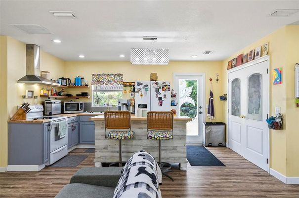 Interior, Kitchen, Pendant Lights, Recessed Lighting, Wood Texture Flooring