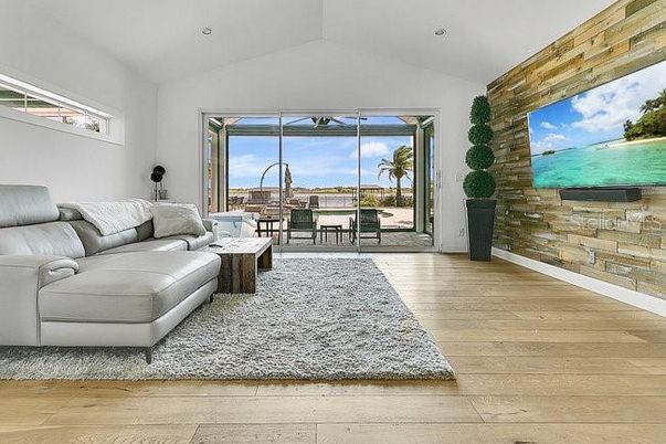 Interior, Living room, Recessed Lighting, Wood Texture Flooring, Wooden Walls