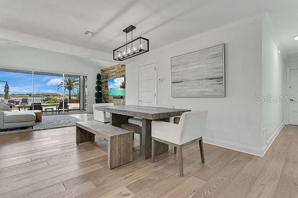 Dining room, Interior, Living room, Pendant Lights, Wood Texture Flooring