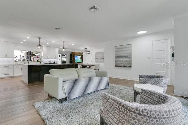 Dining room, Interior, Kitchen, Living room, Pendant Lights, Recessed Lighting, Wood Texture Flooring