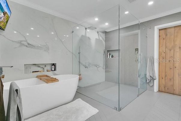 Bathroom, Free Standing Baths, Glass Shower, Interior, Marble Walls, Recessed Lighting