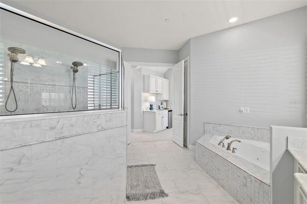 Bathroom, Glass Shower, Interior, Marble, Recessed Lighting