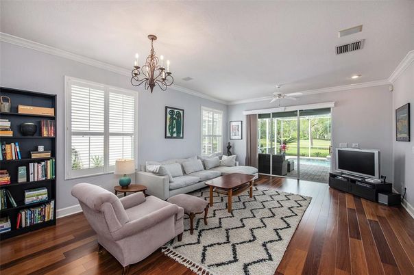 Chandelier, Interior, Living room, Recessed Lighting, Wood Texture Flooring