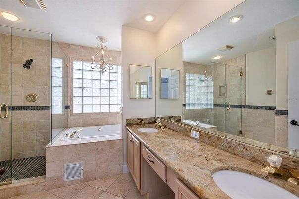 Bathroom, Dual Sink Vanities, Glass Shower, Interior, Recessed Lighting