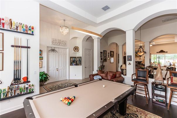 Billiard Table, Chandelier, Game Room, Interior, Pendant Lights, Wood Texture Flooring