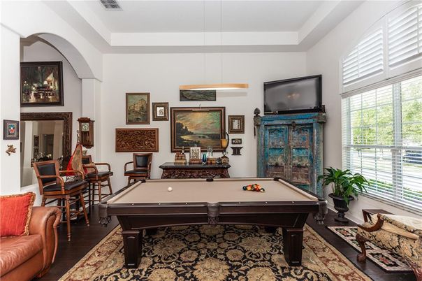 Billiard Table, Game Room, Interior, Pendant Lights, Wood Texture Flooring