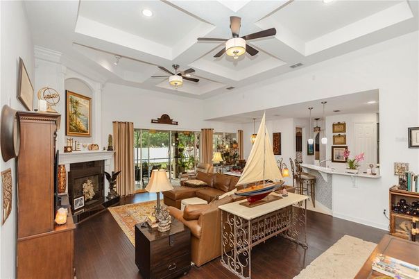 Fireplace, Interior, Kitchen, Living room, Pendant Lights, Recessed Lighting, Wood Texture Flooring