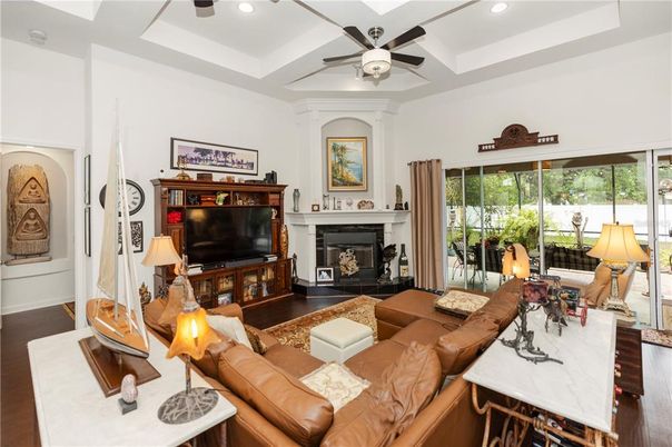 Fireplace, Interior, Living room, Recessed Lighting, Wood Texture Flooring