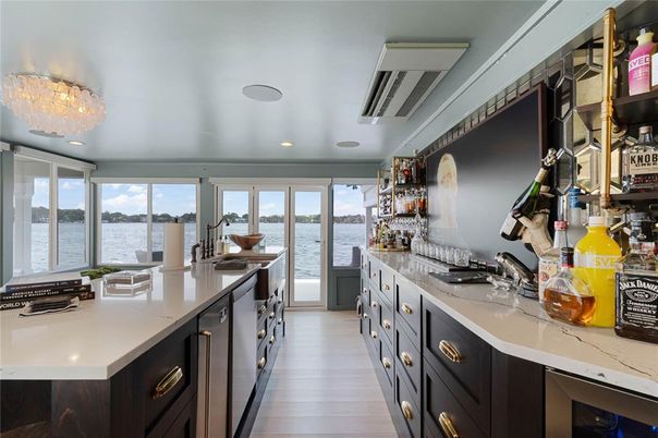 Chandelier, Interior, Kitchen, Recessed Lighting, Water, Wood Texture Flooring