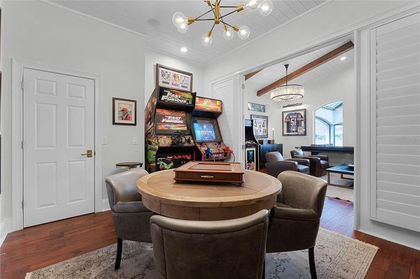 Game Room, Interior, Living room, Pendant Lights, Wood Texture Flooring