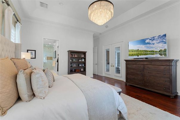 Bedroom, Chandelier, Interior, Wood Texture Flooring