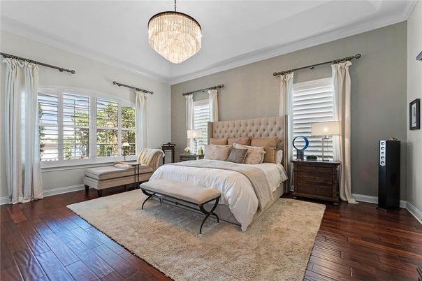 Bedroom, Chandelier, Interior, Wood Texture Flooring