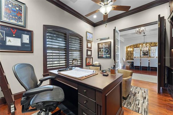 Chandelier, Home Office, Interior, Recessed Lighting, Wood Texture Flooring