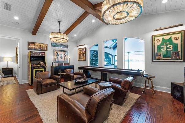 Interior, Living room, Pendant Lights, Recessed Lighting, Wooden Beams, Wood Texture Flooring