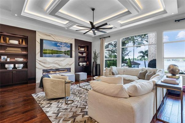 Fireplace, Interior, Living room, Recessed Lighting, Wood Texture Flooring